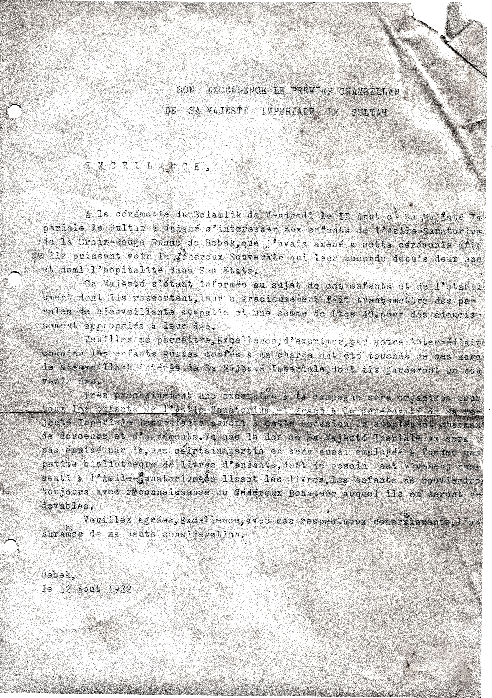 VA Reproduction copie carbone de la lettre datée du 12 août 2022.